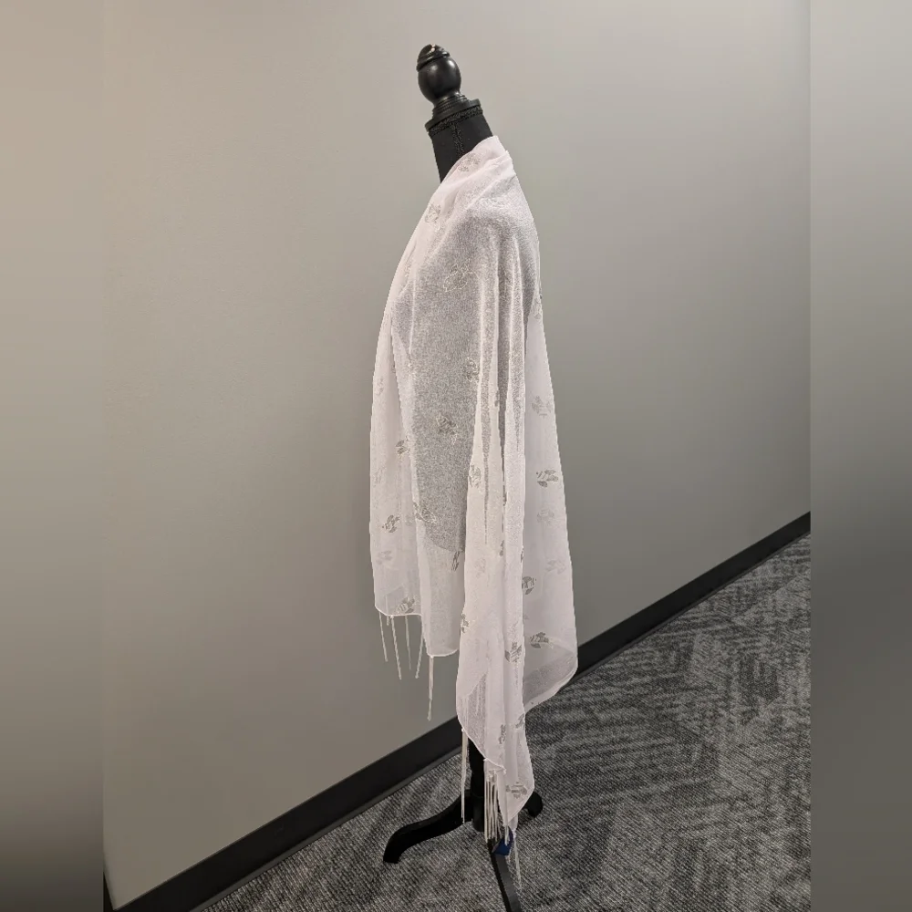 Aremar White Fish Print Scarf Tassel Trim Sheer Novelty Coastal